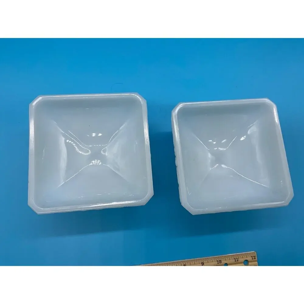Set of 2 Footed Milk Glass Bowls Vintage Square Shape Decorative Embossed Design